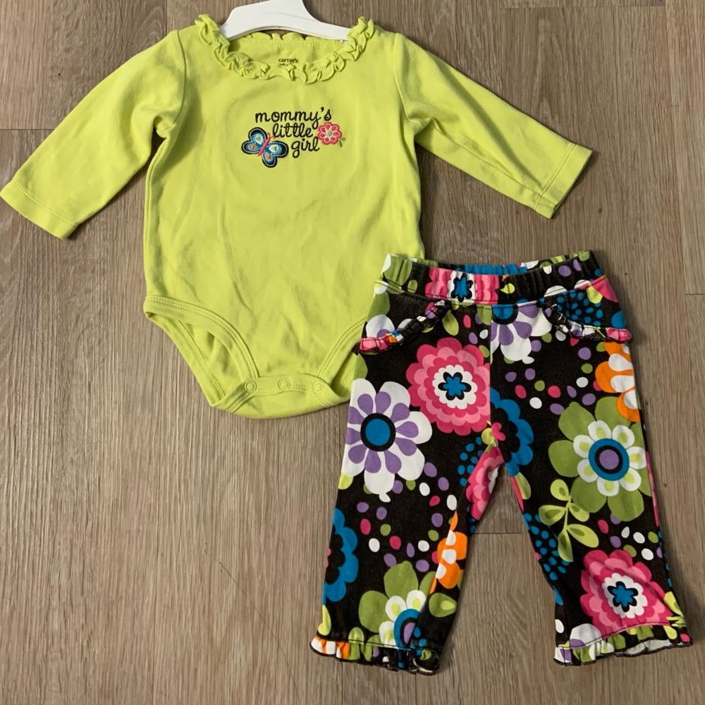 Carter's Girl's Size 6 Months Lime Green & Floral 2 Pc Adorable Pant Set